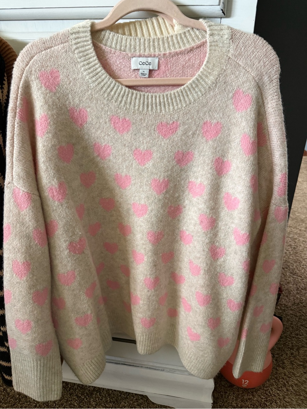 CeCe Cream Crewneck Sweater with Pink Heart Motif